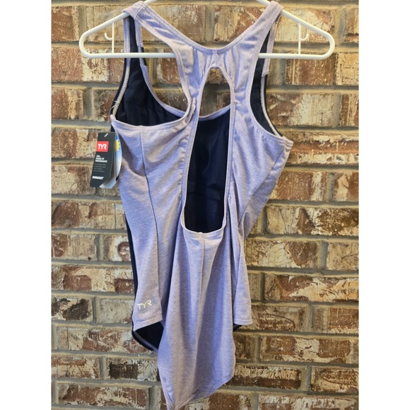 TYR Womens One Piece Swimsuit Durafast Light Purple Navy Blue Racerback UPF 50+ - Picture 4 of 6